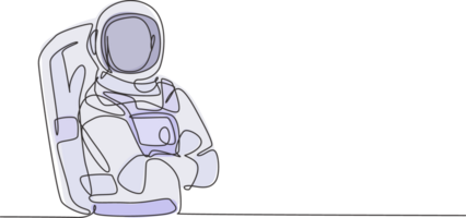 doorlopend een lijn tekening jong mannetje astronaut poseren kruis arm Aan borst voordat Gaan naar buitenste ruimte. professioneel baan beroep minimalistische concept. single lijn trek ontwerp grafisch illustratie png