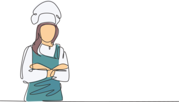 Single continuous line drawing of young confident beauty female chef in uniform pose standing and crossing arm in chest. Resto banner model concept one line drawing design graphic illustration png