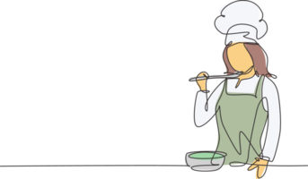 ett kontinuerlig linje teckning av ung kvinna kock provsmakning och lukta soppa curry med trä- sked. friska mat förberedelse på kommersiell kök begrepp enda linje dra design illustration png