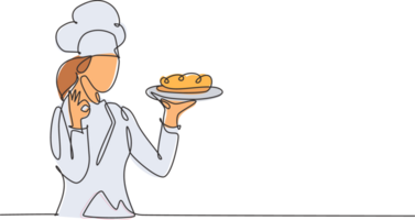 Célibataire un ligne dessin Jeune content beauté femelle chef donner dégustation bien geste tandis que portion principale plat à restaurant. délicieux nourriture goût branché un ligne main tiré illustration minimalisme png