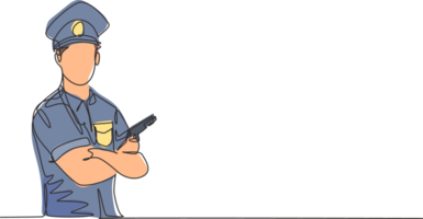 Célibataire continu ligne dessin de Jeune police homme posant traverser bras sur poitrine tandis que en portant pistolet. professionnel travail emploi profession. minimalisme concept un ligne dessiner graphique conception illustration png