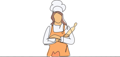 Continuous one line drawing of young attractive beauty female chef holding wood rolling pin while arm crossed on chest. Service excellent concept single line draw graphic design illustration png