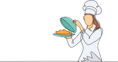 Single einer Linie Zeichnung jung attraktiv weiblich Koch Portion köstlich Küche auf Restaurant. halten und Öffnung Tablett Glocke modern Vorlage einer Linie Hand gezeichnet Illustration Minimalismus Stil png