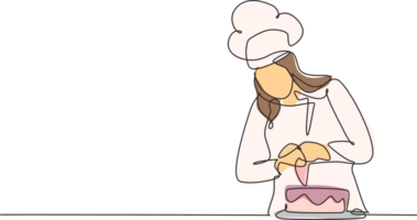 Célibataire continu ligne dessin Jeune femelle chef décorer anniversaire Pâtisserie gâteau avec fouetter crème sur restaurant cuisine. boulangerie nourriture concept un ligne dessin conception minimalisme illustration png