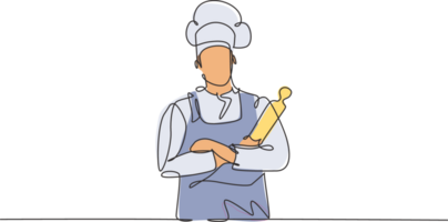 Continuous one line drawing of young attractive handsome male chef holding wood rolling pin while arm crossed on chest. Service excellent concept single line draw graphic design illustration png