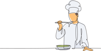 ett kontinuerlig linje teckning av ung manlig kock provsmakning och leende soppa curry med trä- sked. friska mat förberedelse på kommersiell kök begrepp enda linje dra design illustration png