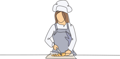 single een lijn tekening van jong gelukkig aantrekkelijk vrouw chef snijden groenten Aan houten snijdend bord naar bereiden maaltijd voedsel. modern sjabloon een lijn hand- getrokken illustratie minimalisme stijl png