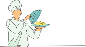 Célibataire un ligne dessin de Jeune attrayant Masculin chef portion délicieux cuisine sur restaurant. en portant et ouverture plateau cloche moderne modèle un ligne main tiré illustration minimalisme style png