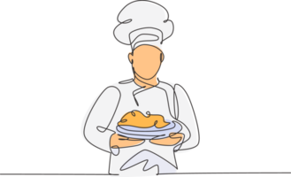 Continuous one line drawing of young handsome man chef in uniform serving main dish to customer at hotel restaurant. Healthy organic food concept single line draw graphic design illustration png