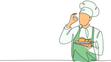Single einer Linie Zeichnung von jung attraktiv männlich Koch Herstellung Ausgezeichnet Geschmack Geste zu köstlich Main Gericht Mahlzeit er serviert. Hotel Restaurant modisch einer Linie Hand gezeichnet Illustration Minimalismus png