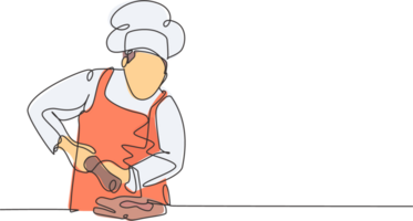 Single kontinuierlich Linie Zeichnung von jung glücklich männlich Koch funkelnd Salz- Papier Würze in Mahlzeit Gericht. vorbereiten organisch Essen zum Gastronomie Konzept einer Linie Zeichnung Design Grafik Illustration png
