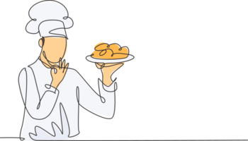 Célibataire un ligne dessin Jeune content Beau Masculin chef donner dégustation bien geste tandis que portion principale plat à restaurant. délicieux nourriture goût branché un ligne main tiré illustration minimalisme png