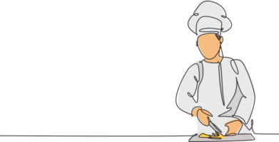 Célibataire un ligne dessin de Jeune content attrayant Masculin chef trancher des légumes sur en bois Coupe planche à préparer repas aliments. moderne modèle un ligne main tiré illustration minimalisme style png