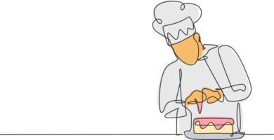 Célibataire continu ligne dessin de Jeune Masculin chef décorer anniversaire Pâtisserie gâteau avec fouetter crème sur restaurant cuisine. boulangerie nourriture concept un ligne dessin conception minimalisme illustration png