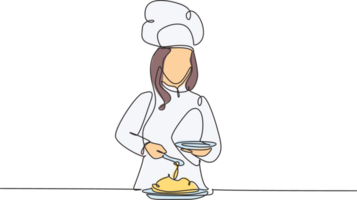 single doorlopend lijn tekening van jong gelukkig vrouw chef gieten saus Aan hoofd schotel naar dienen naar klant. voorbereidingen treffen gezond voedsel concept een lijn tekening ontwerp minimalisme illustratie png