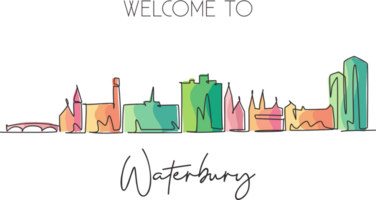 One single line drawing Waterbury city skyline, Connecticut. World historical town landscape. Best holiday destination postcard. Editable stroke trendy continuous line draw design illustration png