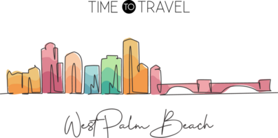 Single kontinuierlich Linie Zeichnung Westen Palme Strand Horizont, Florida. berühmt Stadt Schaber Landschaft. Welt Reise Zuhause Mauer Dekor Kunst Poster drucken Konzept. modern einer Linie zeichnen Design Illustration png