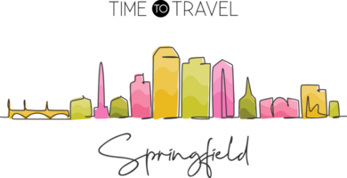 One continuous line drawing Springfield city skyline, Massachusetts. Beautiful landmark. World landscape tourism travel wall decor poster print art. Stylish single line draw design illustration png