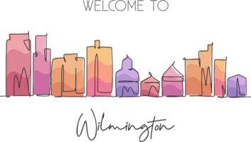 One single line drawing Wilmington city skyline, Delaware. World historical town landscape postcard. Best holiday destination. Editable stroke trendy continuous line draw design illustration png