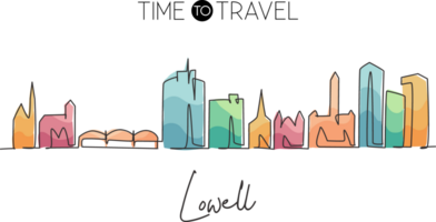 Single continuous line drawing of Lowell skyline, Massachusetts. Famous city scraper landscape. World travel home wall decor art poster print concept. Modern one line draw design illustration png