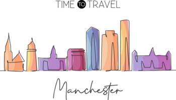 Single continuous line drawing Manchester skyline, New Hampshire. Famous city scraper landscape. World travel home wall decor art poster print concept. Modern one line draw design illustration png