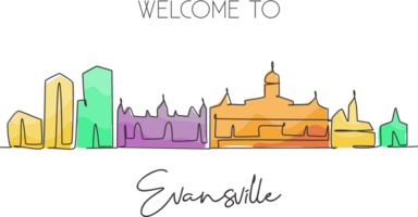 One continuous line drawing of Evansville city skyline, Indiana. Beautiful landmark. World landscape tourism travel home wall decor poster print. Stylish single line draw design illustration png
