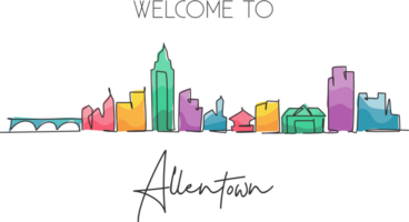 einer Single Linie Zeichnung Allentown Stadt Horizont, Pennsylvania. Welt historisch Stadt, Dorf Landschaft Postkarte. Beste Urlaub Ziel. editierbar Schlaganfall modisch kontinuierlich Linie zeichnen Design Illustration png