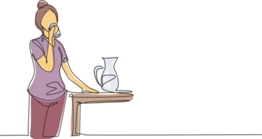 Single one line drawing young woman standing and drinking water in a glass from a jug. Take a break while cleaning house. Happy person. Modern continuous line draw design graphic illustration png