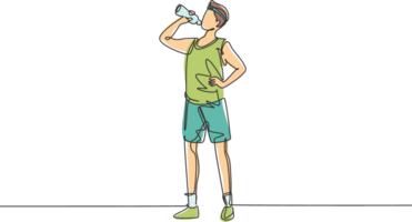 Single continuous line drawing young man standing and drinking fresh water from a bottle with his right hand after exercising. Healthy lifestyles. One line draw graphic design illustration png