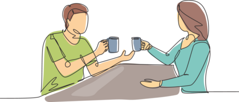 Single continuous line drawing a young couple holding a cup of hot coffee, preparing a toast to celebrate the success of an office work project. Dynamic one line draw graphic design illustration png