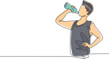 Single continuous line drawing young man drinking fresh water from a bottle with his right hand after exercising. Healthy lifestyles concept. Dynamic one line draw graphic design illustration png