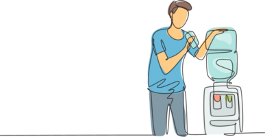 Single one line drawing young man drinking fresh water in a glass while standing next to a water dispenser filled with gallons of water. Modern continuous line draw design graphic illustration png