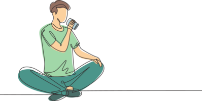 Single continuous line drawing young man sitting while enjoying a soft drink to refreshing and relaxing body. Attractive teenager concept. Dynamic one line draw graphic design illustration png