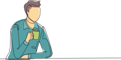 Continuous one line drawing young man sitting and holding a cup of coffee in one hand. Enjoy morning before work at office. Success person concept. Single line draw design graphic illustration png