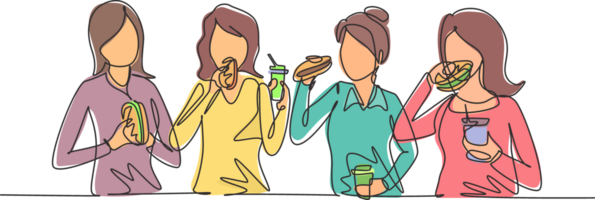 kontinuerlig ett linje teckning vänner äter snabb mat måltid i restaurang. grupp av Lycklig kvinnor Sammanträde, talande, middag, hamburgare och dricka soda. enda linje dra design grafisk illustration png