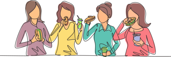 continuo uno línea dibujo amigos comiendo rápido comida comida en restaurante. grupo de contento mujer sesión, hablando, cena, hamburguesas y Bebiendo soda. soltero línea dibujar diseño gráfico ilustración png