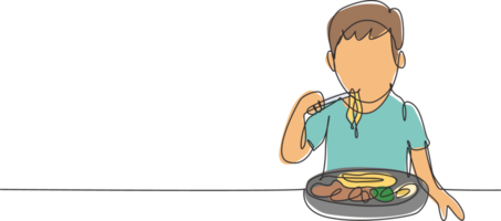 Single continuous line drawing boy having spaghetti meal with chopsticks around table. Enjoy lunch when hungry. Delicious and healthy food. Dynamic one line draw graphic design illustration png