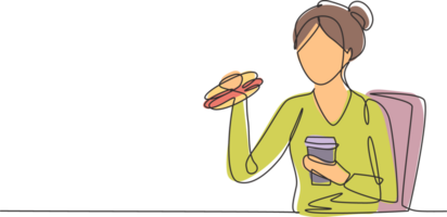 continuo uno línea dibujo joven mujer teniendo hamburguesa comida y bebida taza de reajuste salarial con mano. contento y disfrutar almuerzo a restaurante. delicioso alimento. soltero línea dibujar diseño gráfico ilustración png