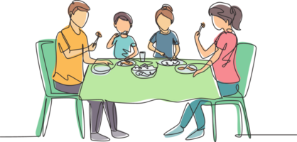 Continuous one line drawing diner parents and children together. Family having meal around kitchen table. Happy daddy, mom and kids sitting eating. Single line draw design graphic illustration png