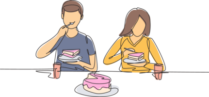 Single kontinuierlich Linie Zeichnung jung Paar Mann und Ehefrau haben Kuchen Mahlzeit um Tisch. feiern Hochzeit Jahrestag mit romantisch Abendessen. dynamisch einer Linie zeichnen Grafik Design Illustration png