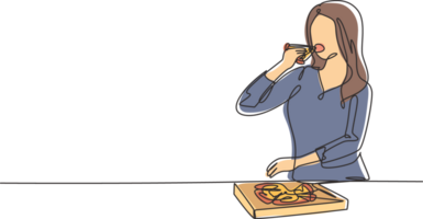 Célibataire un ligne dessin Jeune femme ayant spaghetti repas avec fourchette. content et prendre plaisir le déjeuner à restaurant. délicieux et en bonne santé aliments. moderne continu ligne dessiner conception graphique illustration png