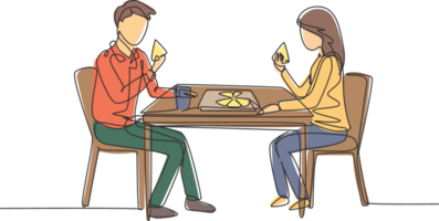 Single one line drawing young couple husband and wife having meal around table. Celebrate wedding anniversary with romantic dinner. Modern continuous line draw design graphic illustration png