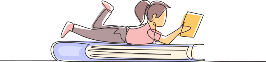 Continuous one line drawing little girl reading, learning and laying down on big book. Study in library. Smart student, education concept, fair. Single line draw design graphic illustration png