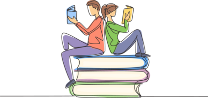 Single one line drawing students woman and man reading, learning and sitting on big books. Study in library. Literature fans or lovers. Modern continuous line draw design graphic illustration png