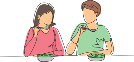 Célibataire continu ligne dessin Jeune couple ayant salade repas autour tableau. content Masculin femelle séance en mangeant le déjeuner ensemble dans restaurant. dynamique un ligne dessiner graphique conception illustration png