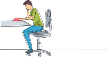 Continuous one line drawing young man reading, learning and sitting on chair around table. Study in library. Intelligent student, education concept. Single line draw design graphic illustration png