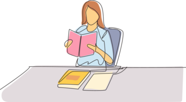 Continuous one line drawing woman reading, learning and sitting on chair around table. Study in library. Intelligent student, education concept. Single line draw design graphic illustration png