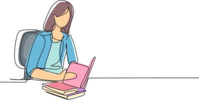 Single continuous line drawing young woman reading, learning and sitting on chair around table. Study in library. Smart student, education concept. One line draw graphic design illustration png