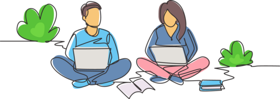 Single one line drawing couple with laptop sitting at the park together. Freelance, distance learning, online courses, studying concept. Modern continuous line draw design graphic illustration png