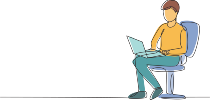 Single einer Linie Zeichnung jung Kerl mit Laptop Sitzung auf das Stuhl. freiberuflich, Entfernung Lernen, online Kurse, und studieren Konzept. modern kontinuierlich Linie zeichnen Design Grafik Illustration png